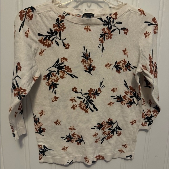 Ann Taylor Factory Tops - White Top with Burnt Orange and black Floral Design by Ann Taylor Factory - L